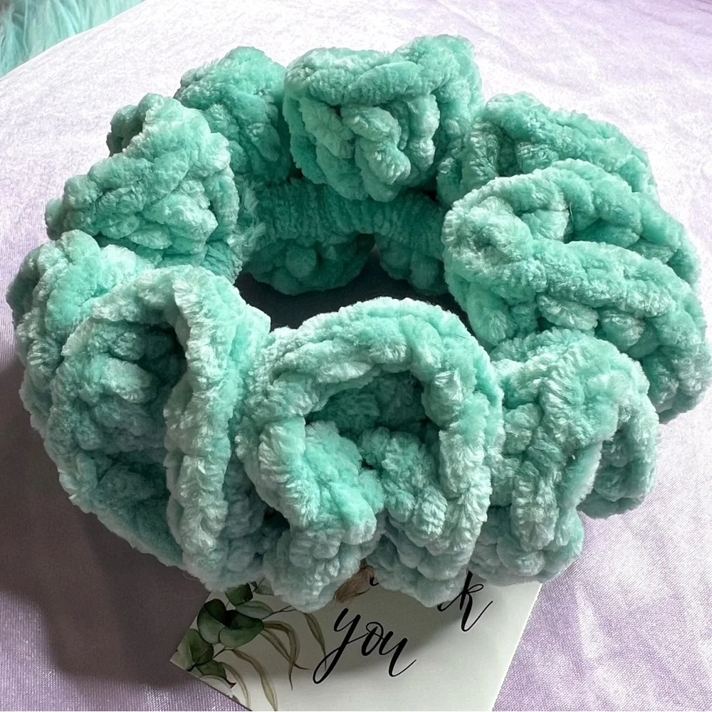 Handmade VELVET Pastel Aqua Green Crochet Scrunchie Chunky Oversized Hair Tie